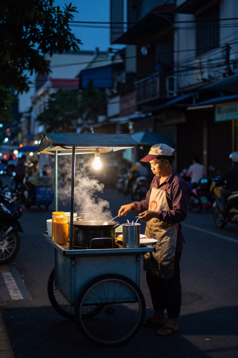 Vendor Cooking at The Predawn Darkness Light in Ho Chi Minh City in in Ho Chi Minh City, Vietnam