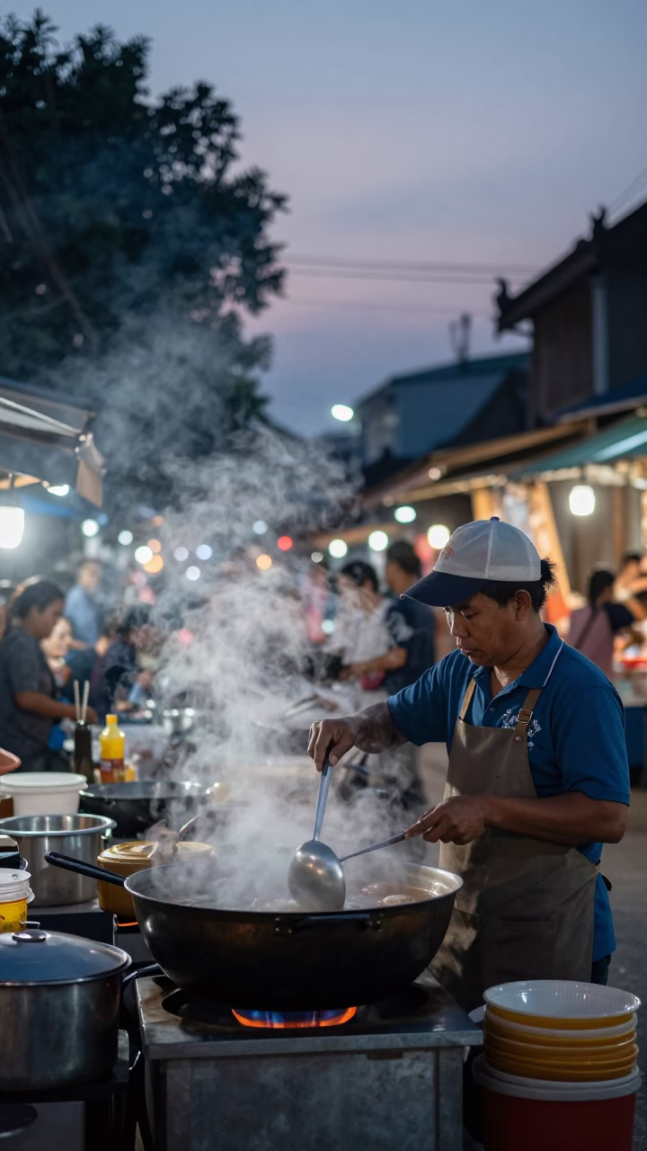 Vendor Cooking in Chiang Mai at The Still Hours Before Dawn Light in in Chiang Mai, Thailand