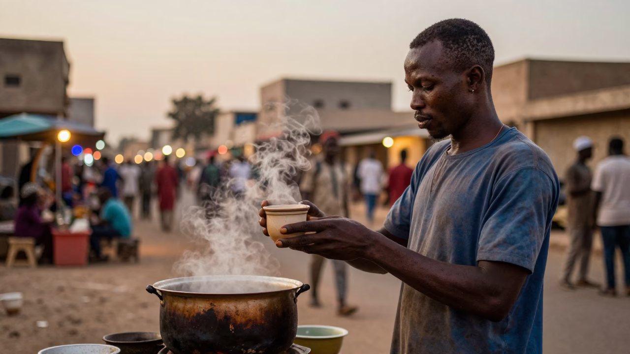 Vendor Cooking in Dakar at As City Lights Begin To Glow in in Dakar, Senegal