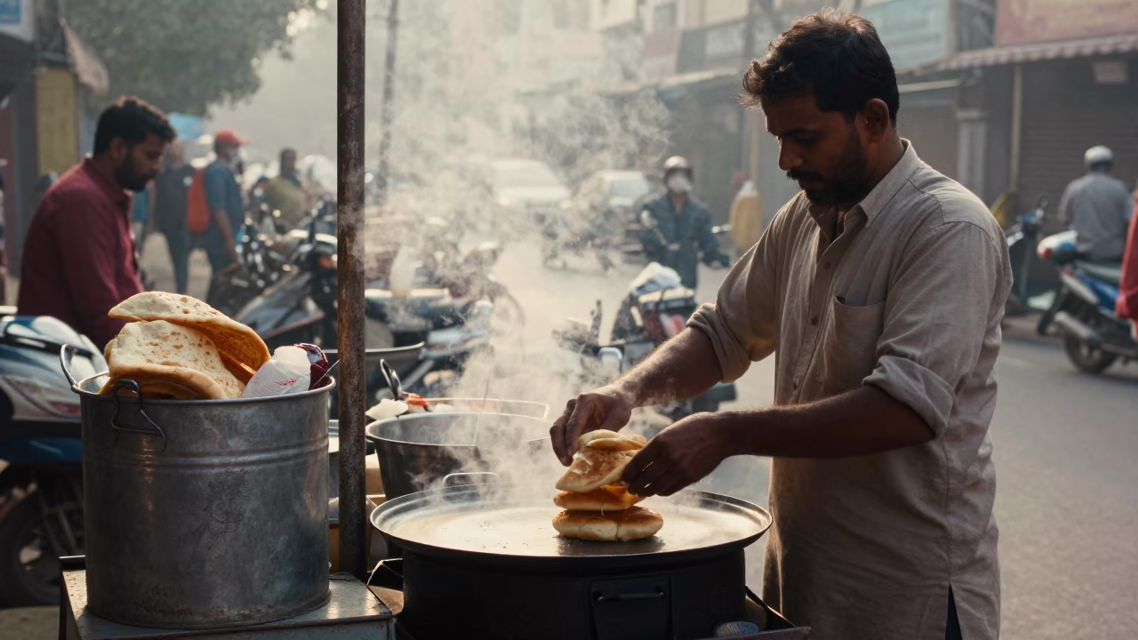 Vendor Cooking in Delhi at Nautical Dawn Light in in Delhi, India