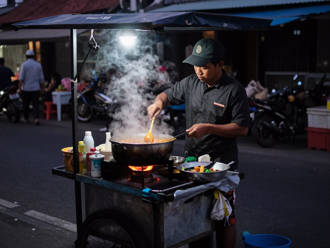 Vendor Cooking in Denpasar at The Predawn Darkness Light in in Denpasar, Indonesia