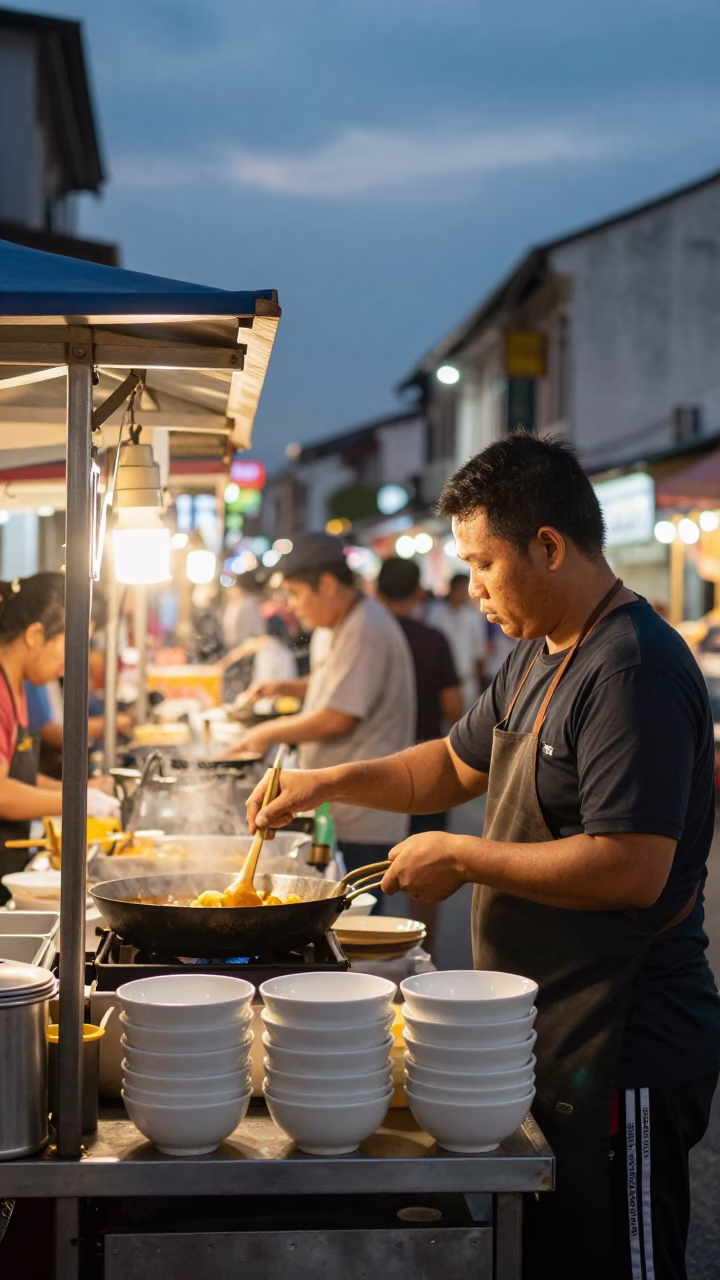 Vendor Cooking in George Town at As City Lights Begin To Glow in in George Town, Malaysia