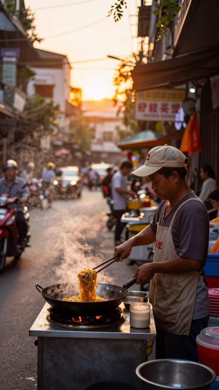 Vendor Cooking in Hanoi at Sunset Light in in Hanoi, Vietnam