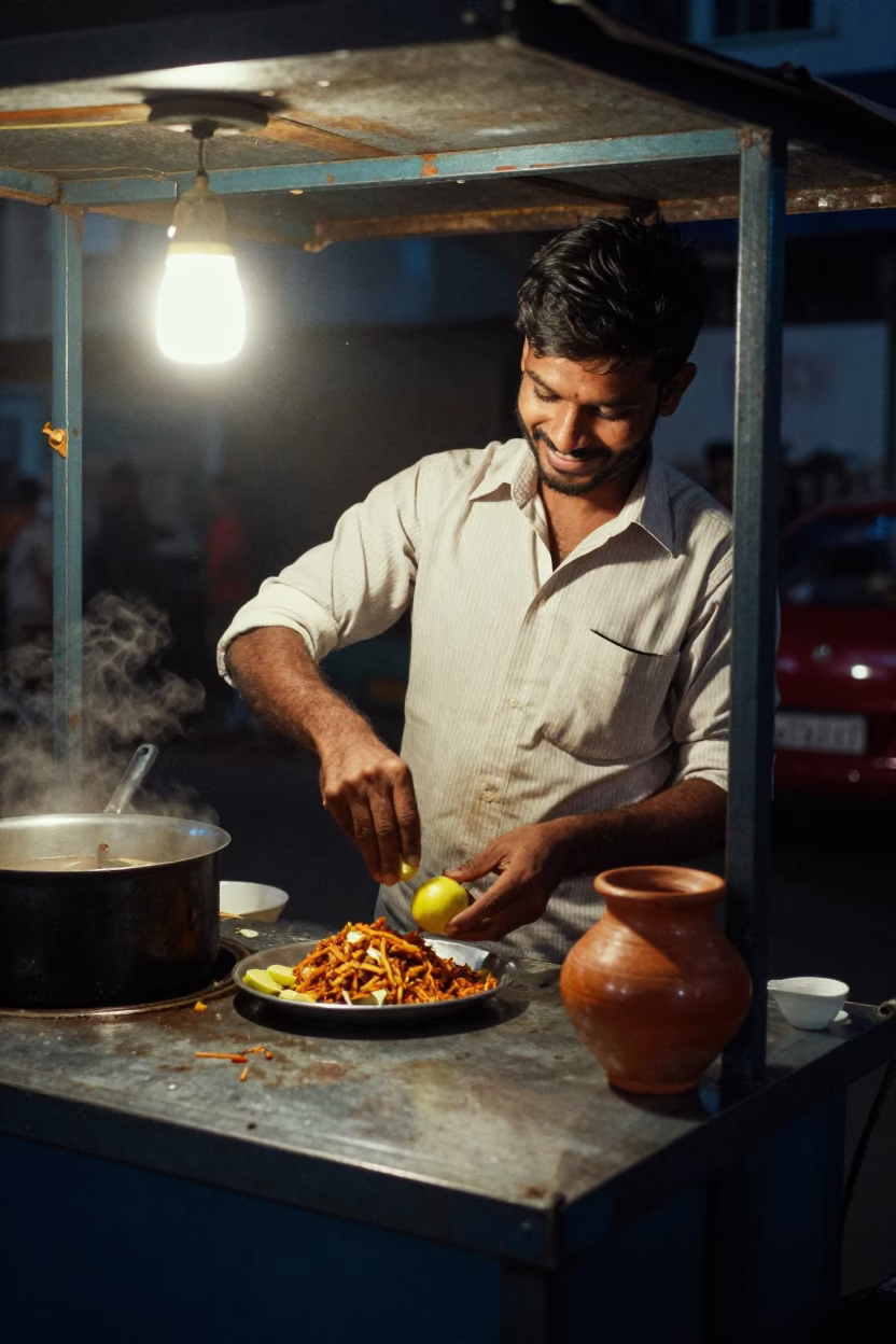 Vendor Cooking in Hyderabad at Late At Night Light in in Hyderabad, India