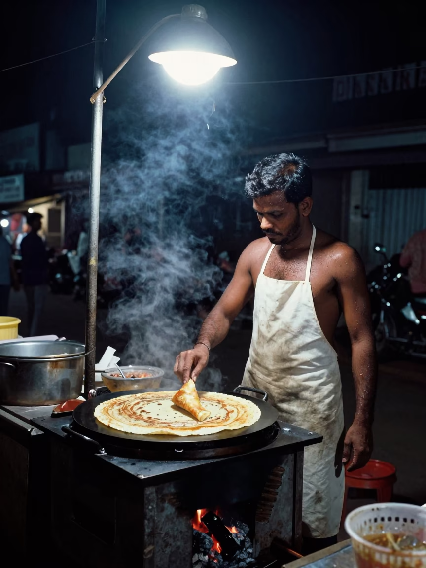 Vendor Cooking in Kochi at Deep In The Night Light in in Kochi, India