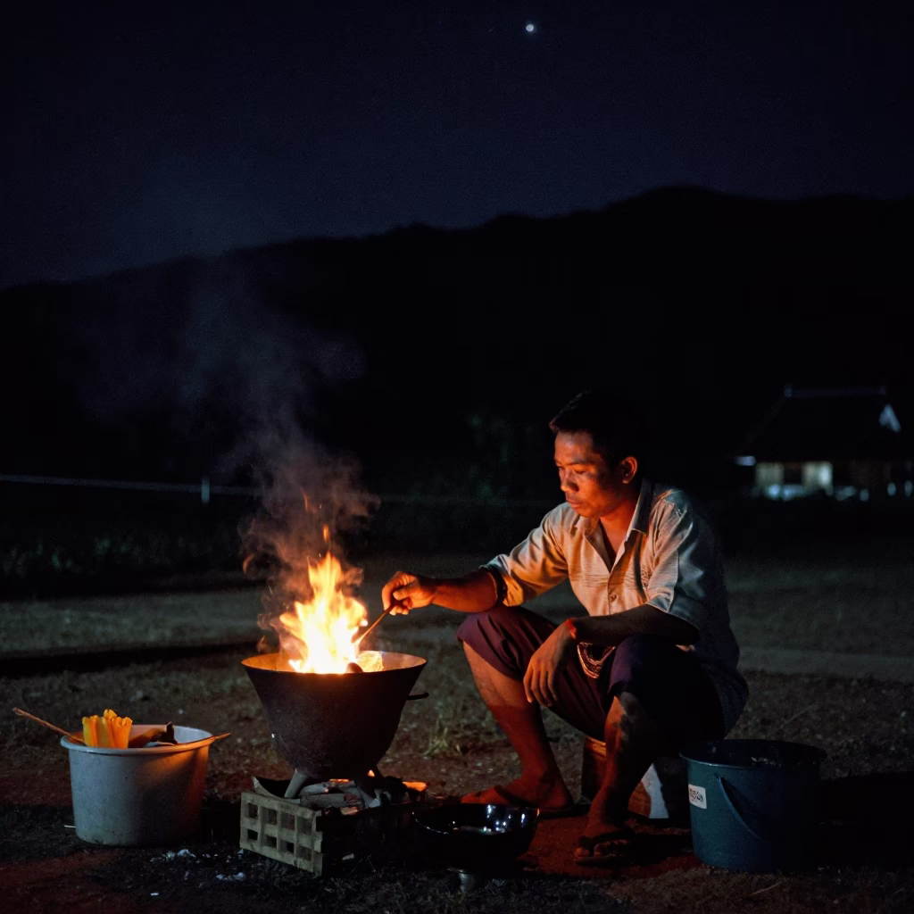 Vendor Cooking in Luang Prabang at The Deepest Night Sky Light in in Luang Prabang, Laos