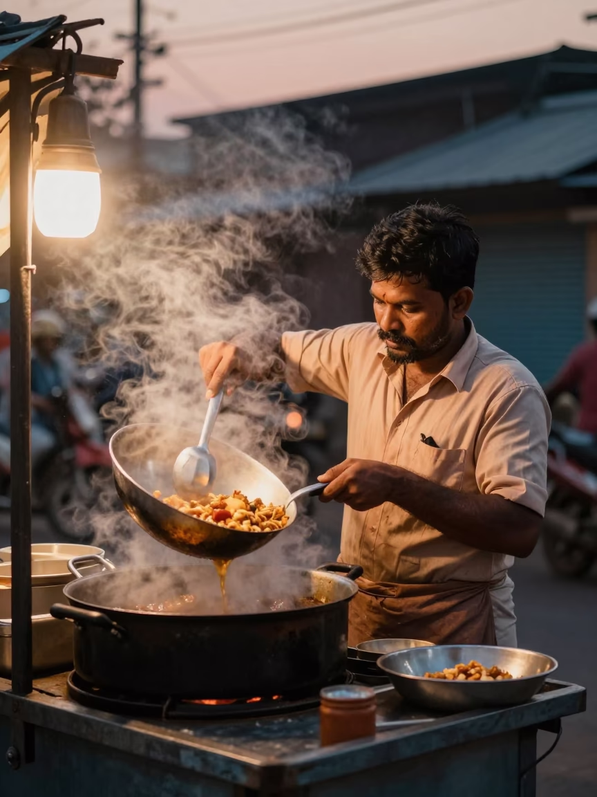 Vendor Cooking in Mumbai at Copper-toned Light Before Dusk in in Mumbai, India