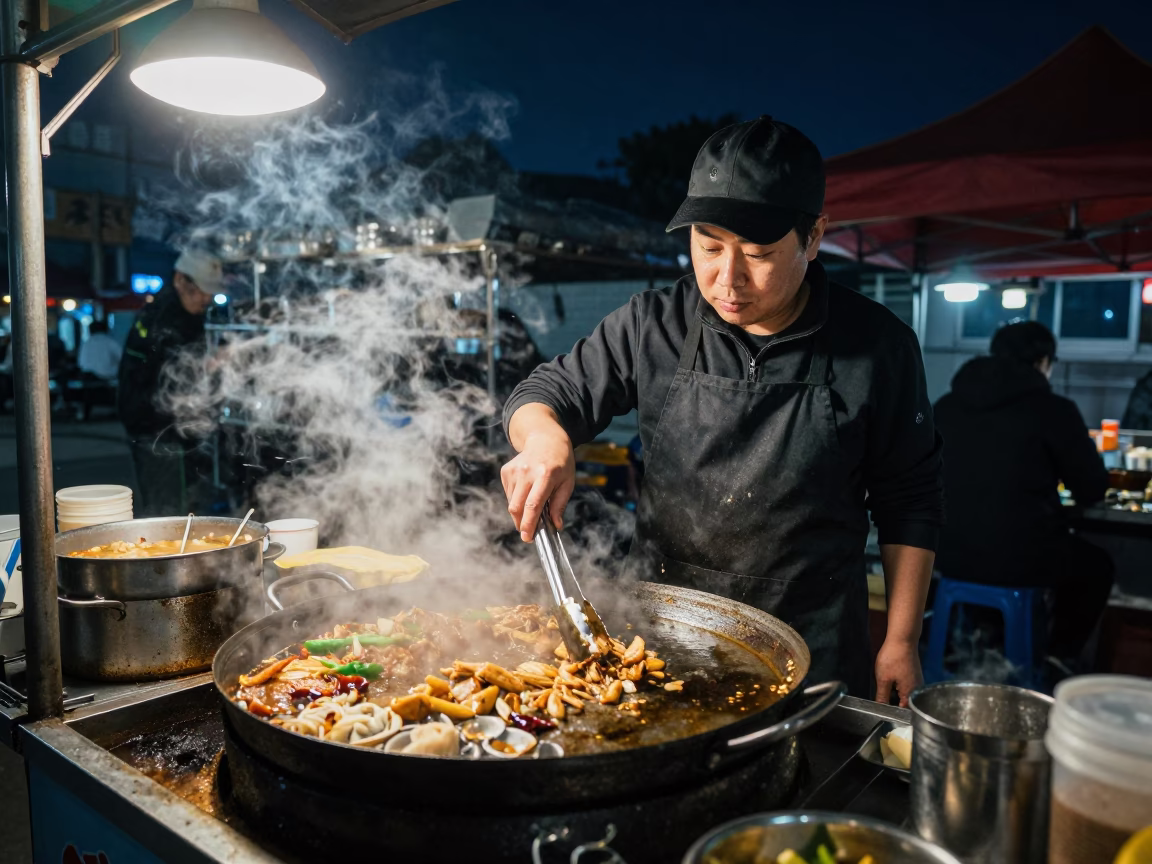 Vendor Cooking in Seoul at The Deepest Night Sky Light in in Seoul, South Korea