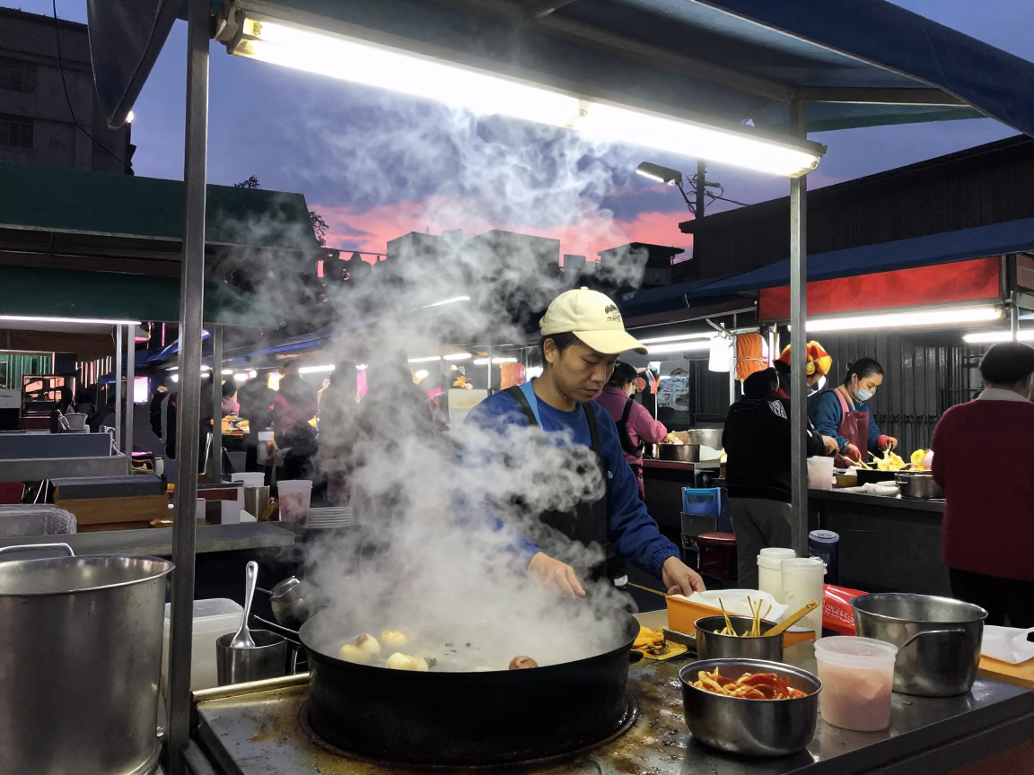 Vendor Cooking in Taipei at Indigo Twilight After Sunset in in Taipei, Taiwan