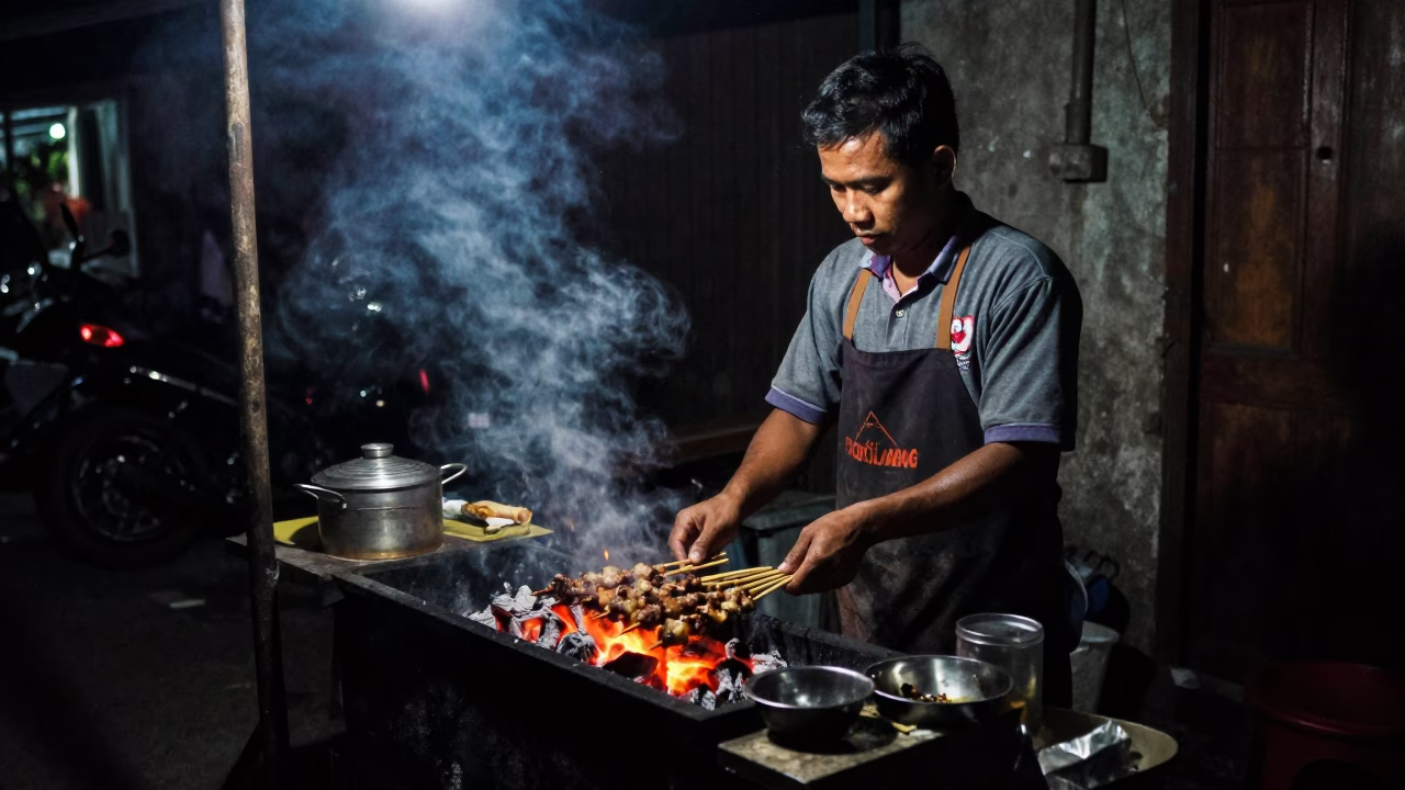 Vendor Cooking in Yogyakarta at The Deepest Night Sky Light in in Yogyakarta, Indonesia