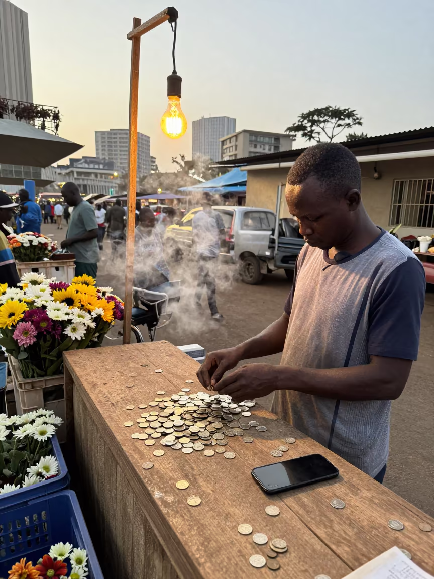 Vendor Counting Coins at Nairobi Flower Auction in at a flower auction bench in CBD, Nairobi