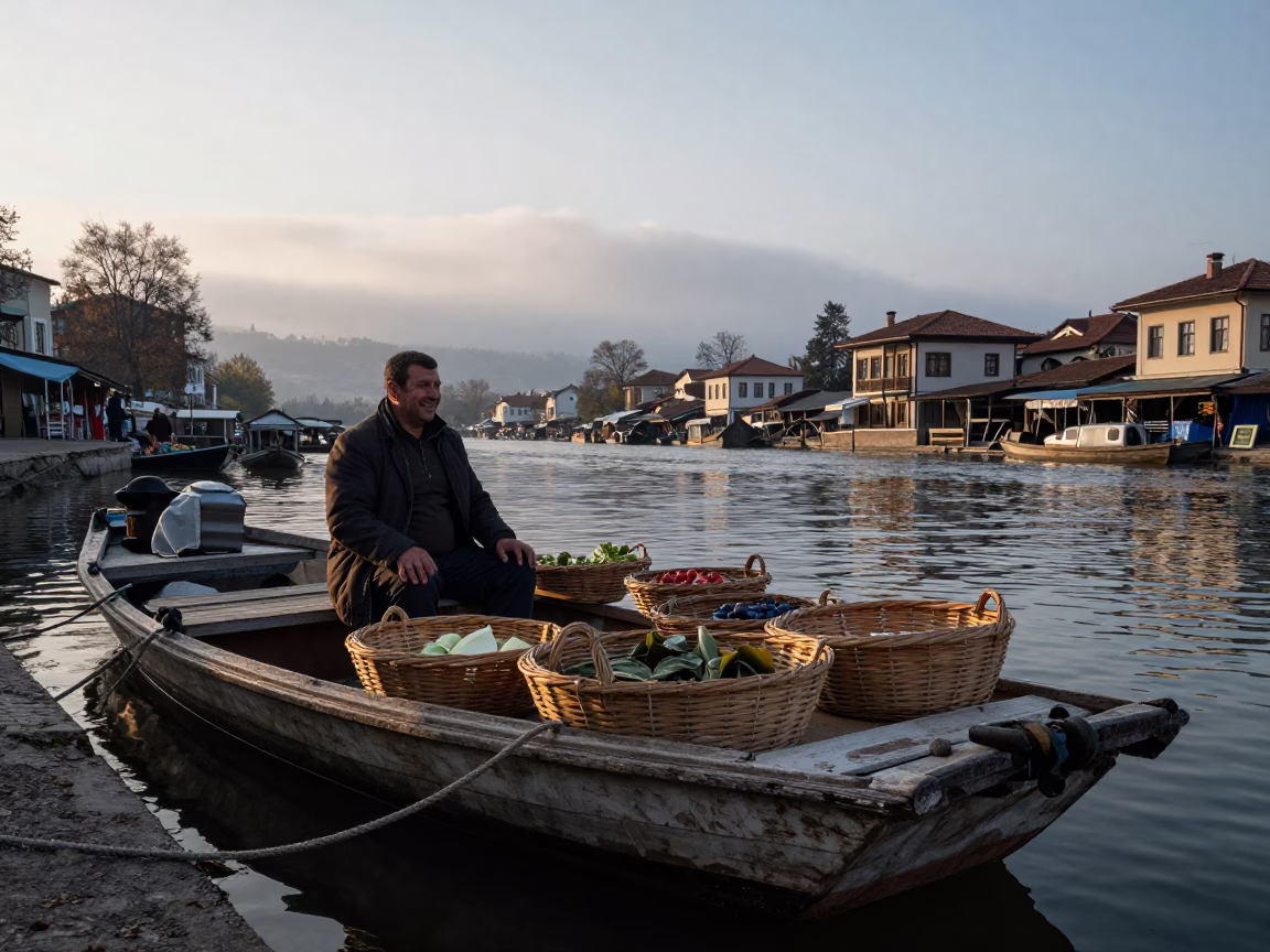 Vendor at Dawn on Veliko Tarnovo Floating Market in at a floating market boat in Veliko Tarnovo