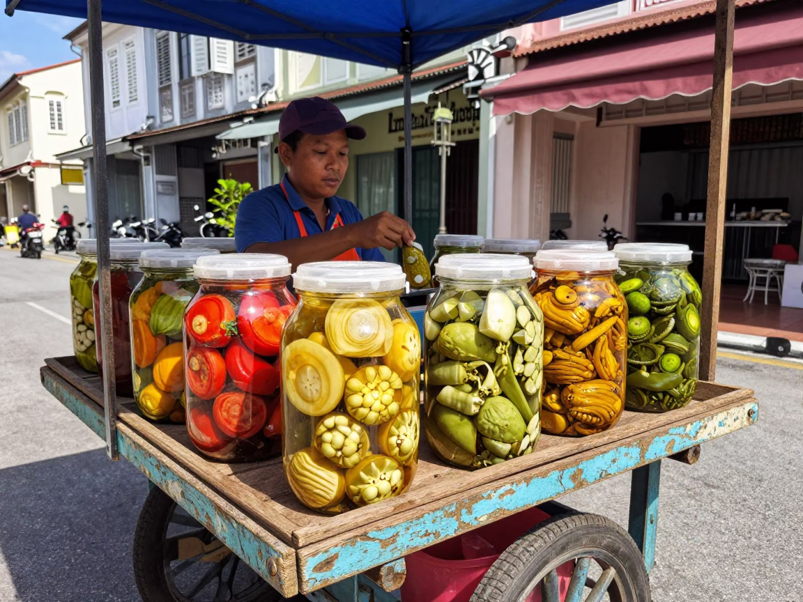 Vendor Display in George Town at Flat Noon Light in in George Town, Malaysia