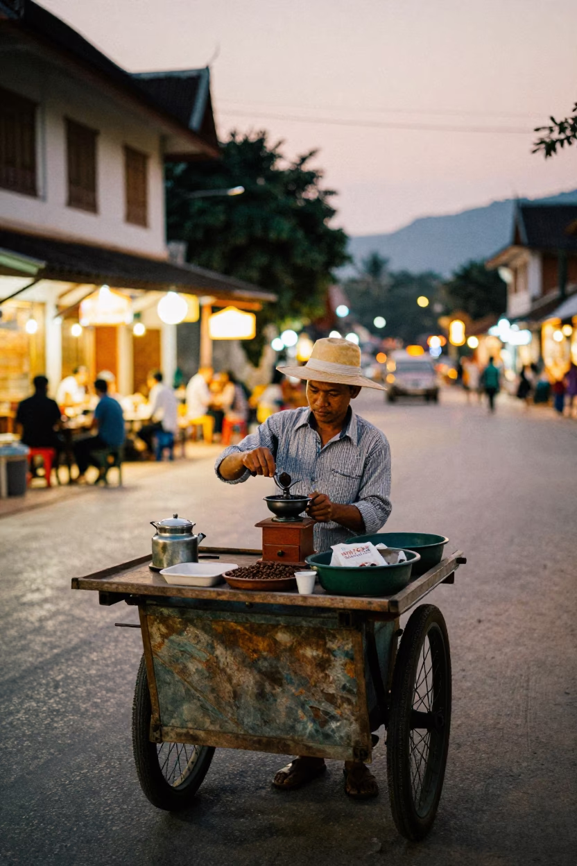 Vendor Evening in Luang Prabang at As City Lights Begin To Glow in in Luang Prabang, Laos