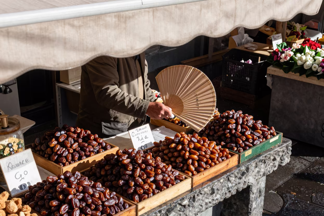 Vendor Fanning Flies at Genoa Winter Market in at a flower auction bench in Genoa