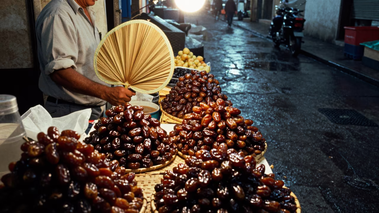 Vendor Fanning Flies Over Date Stall in in a covered bazaar aisle in Cali