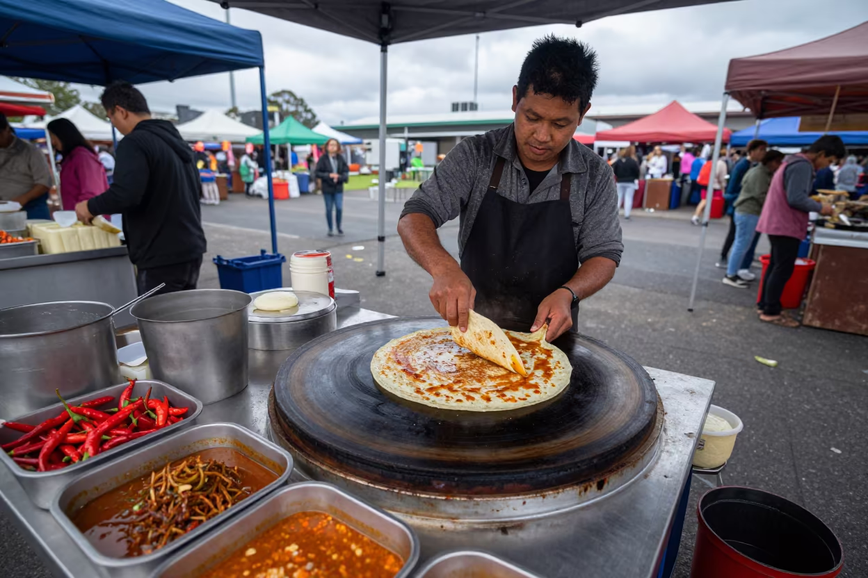 Vendor Flipping Roti Canai at Brisbane Night Market in under a market canopy in Brisbane