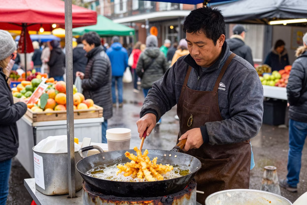 Vendor Frying Tempura at New Orleans Market in at a roadside fruit stand in New Orleans