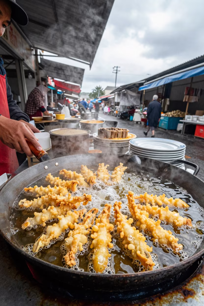 Vendor Frying Tempura in Wok at Guiglo Market in in a covered bazaar aisle in Guiglo