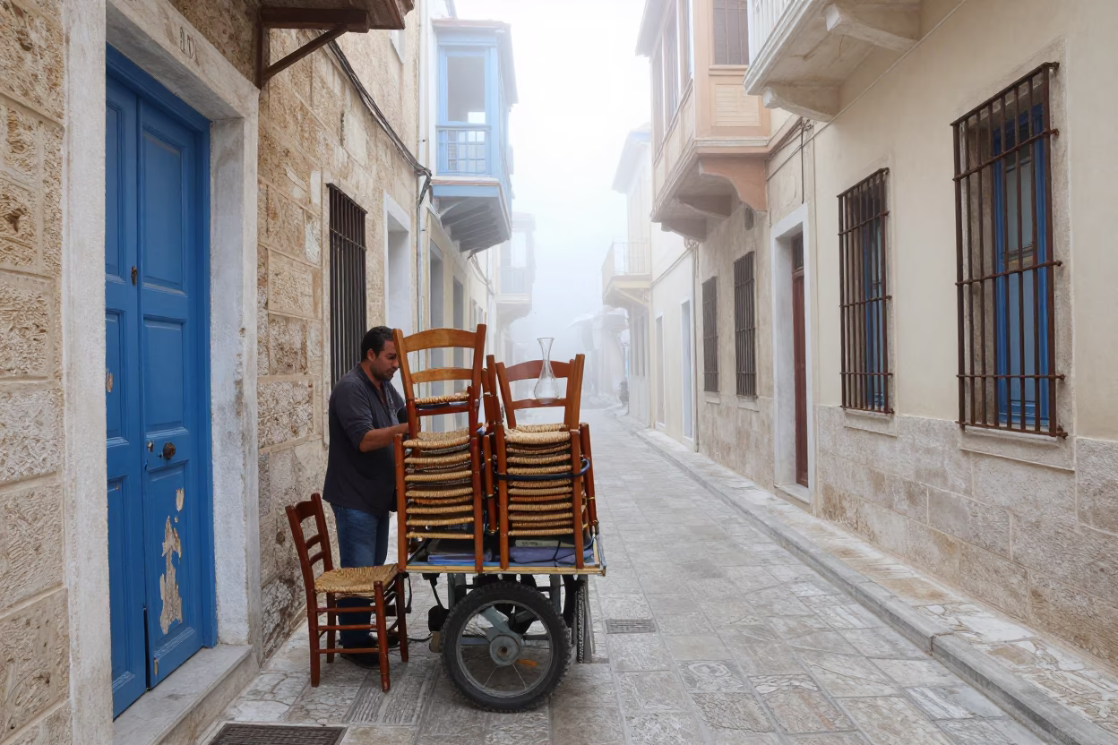 Vendor in Athens at Dawn Light in in Athens, Greece