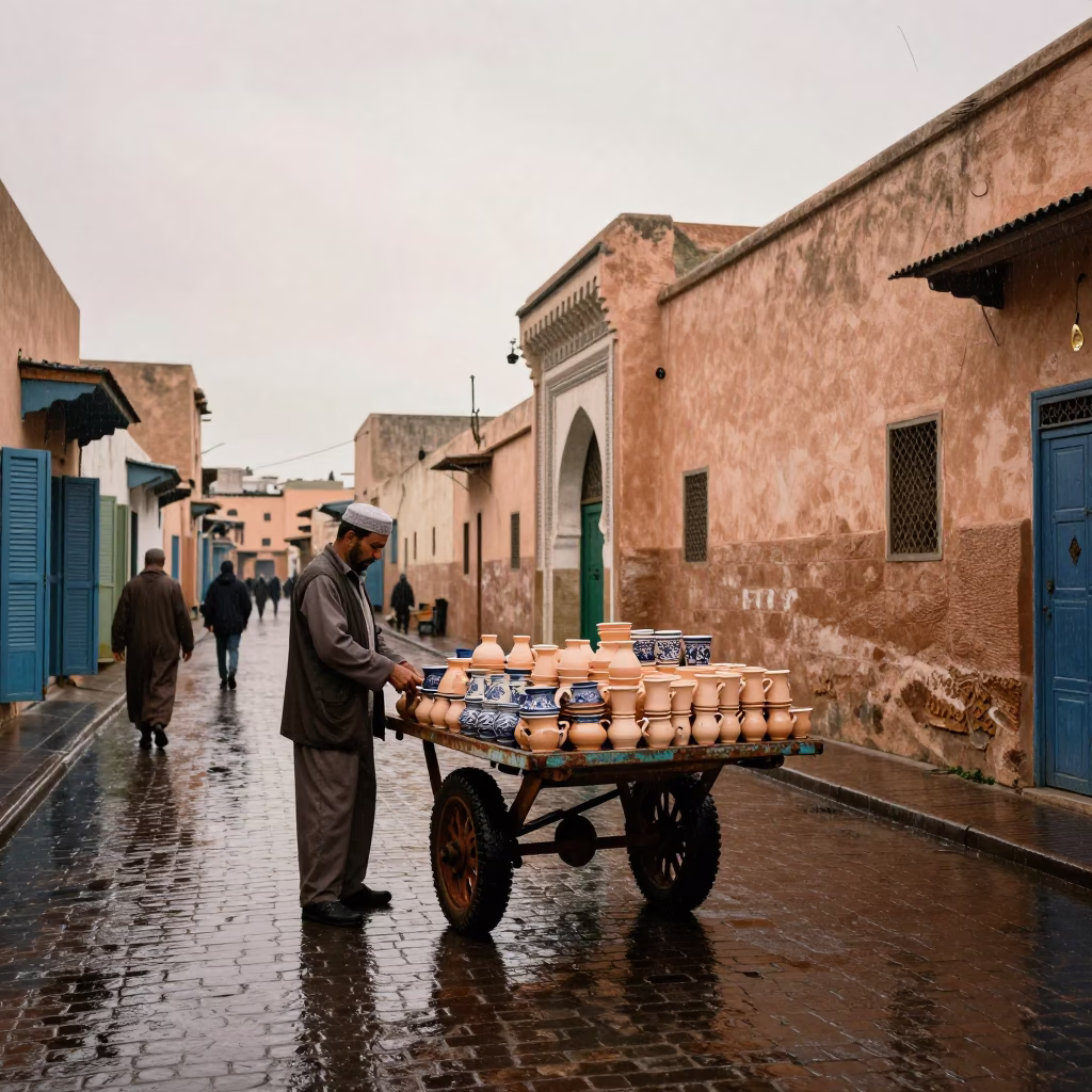 Vendor in Fez at First Light in in Fez, Morocco