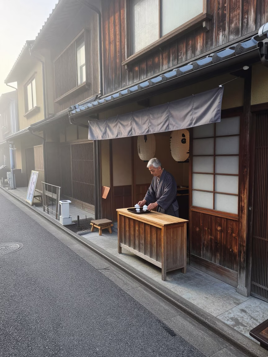 Vendor in Osaka at Dawn Light in in Osaka, Japan