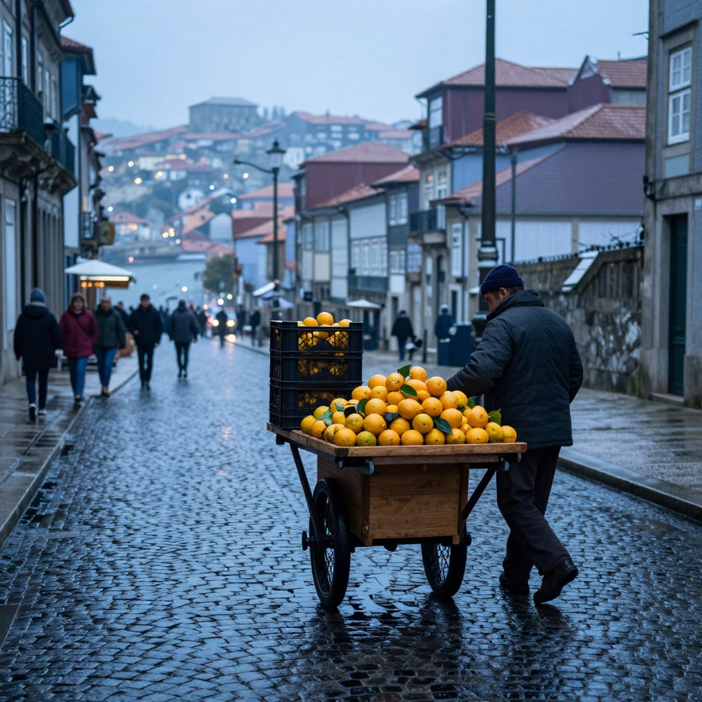Vendor in Porto at Early Morning Light in in Porto, Portugal