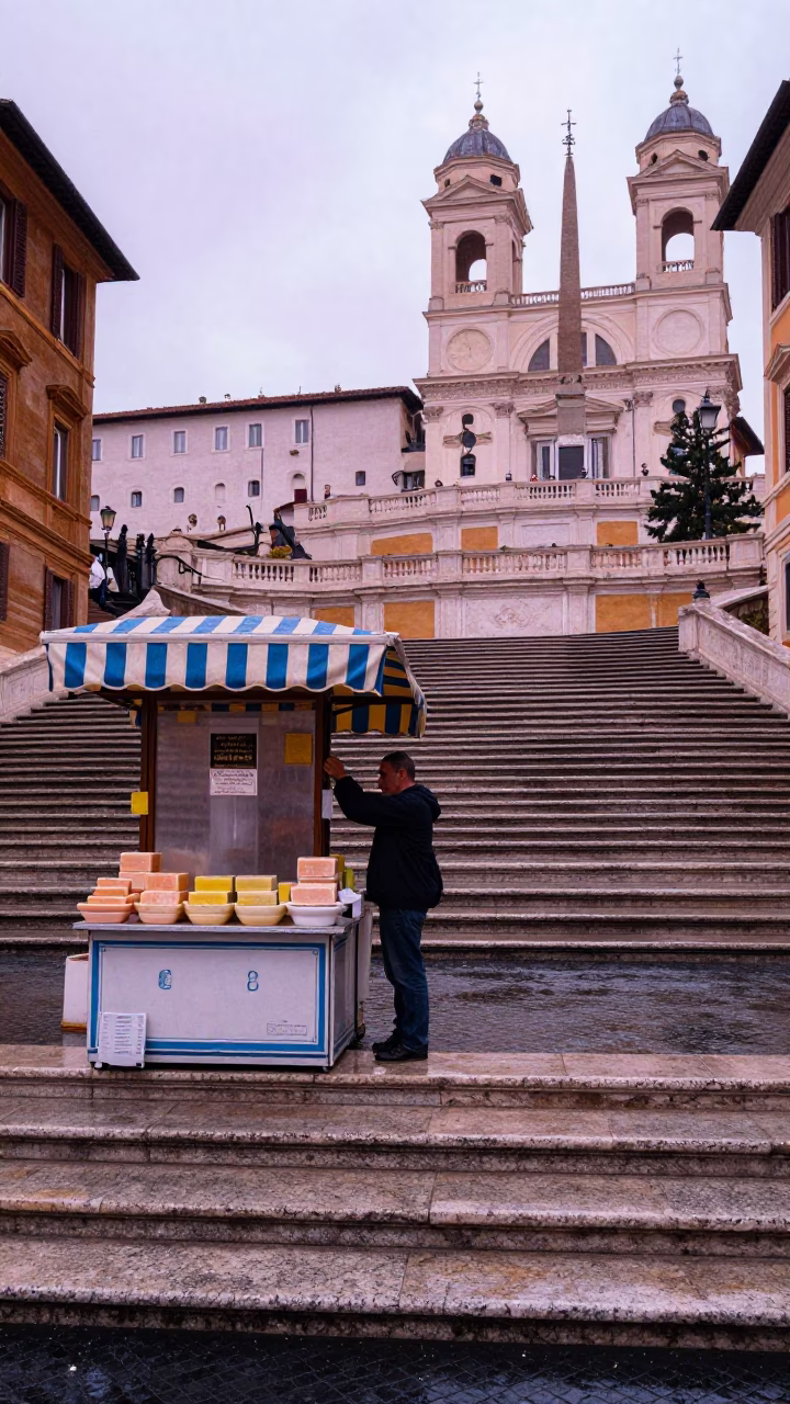 Vendor in Rome at First Light in in Rome, Italy