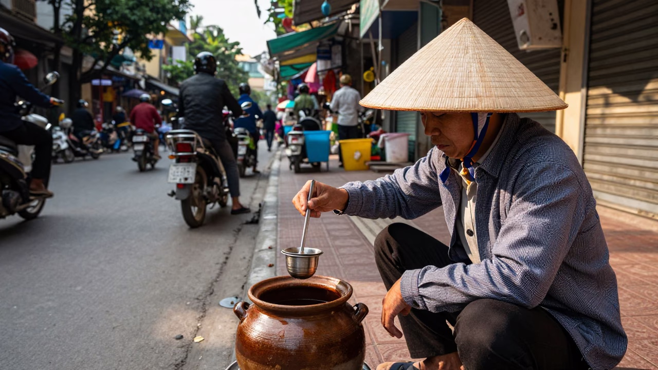 Vendor Interaction in Hanoi at Clear Late-afternoon Light in in Hanoi, Vietnam