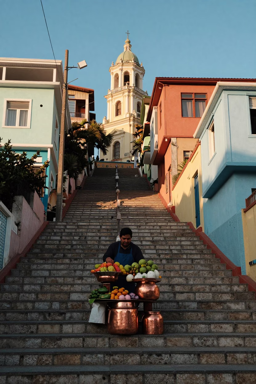 Vendor just after sunrise in Valparaiso in in Valparaiso, Chile