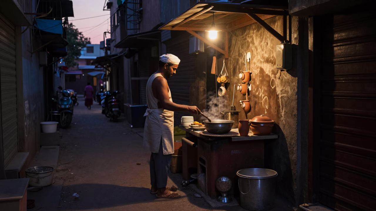 Vendor Kitchen in Hyderabad at The Still Hours Before Dawn Light in in Hyderabad, India