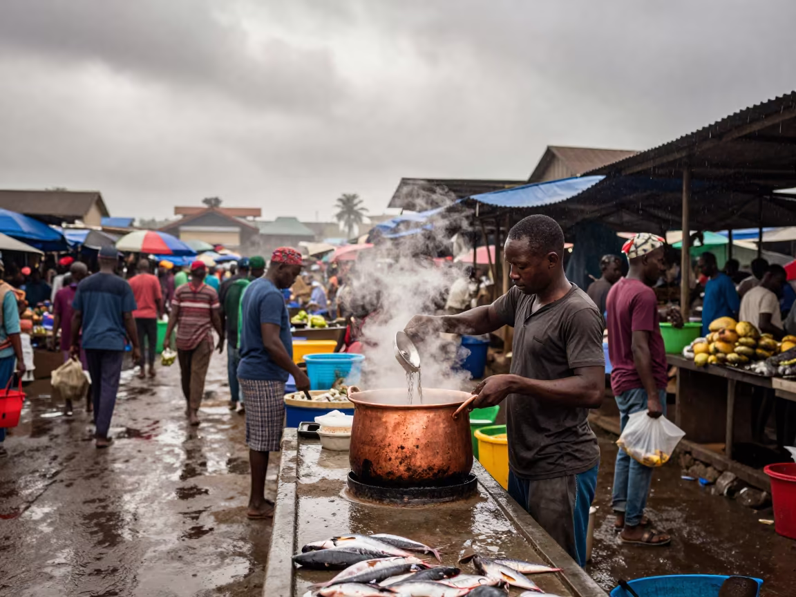 Vendor Ladles Pho in Kinshasa Market Dawn in beside a fish counter in Kinshasa