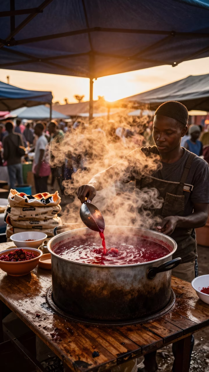 Vendor Ladling Hot Borscht Under Enugu Market Canopy in under a market canopy in Enugu