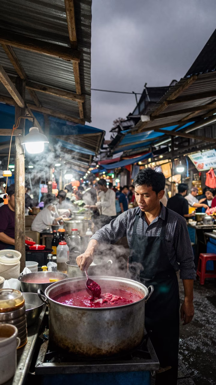 Night Vendor Ladling Borscht in Long Bien Bazaar in in a covered bazaar aisle in Long Bien, Hanoi