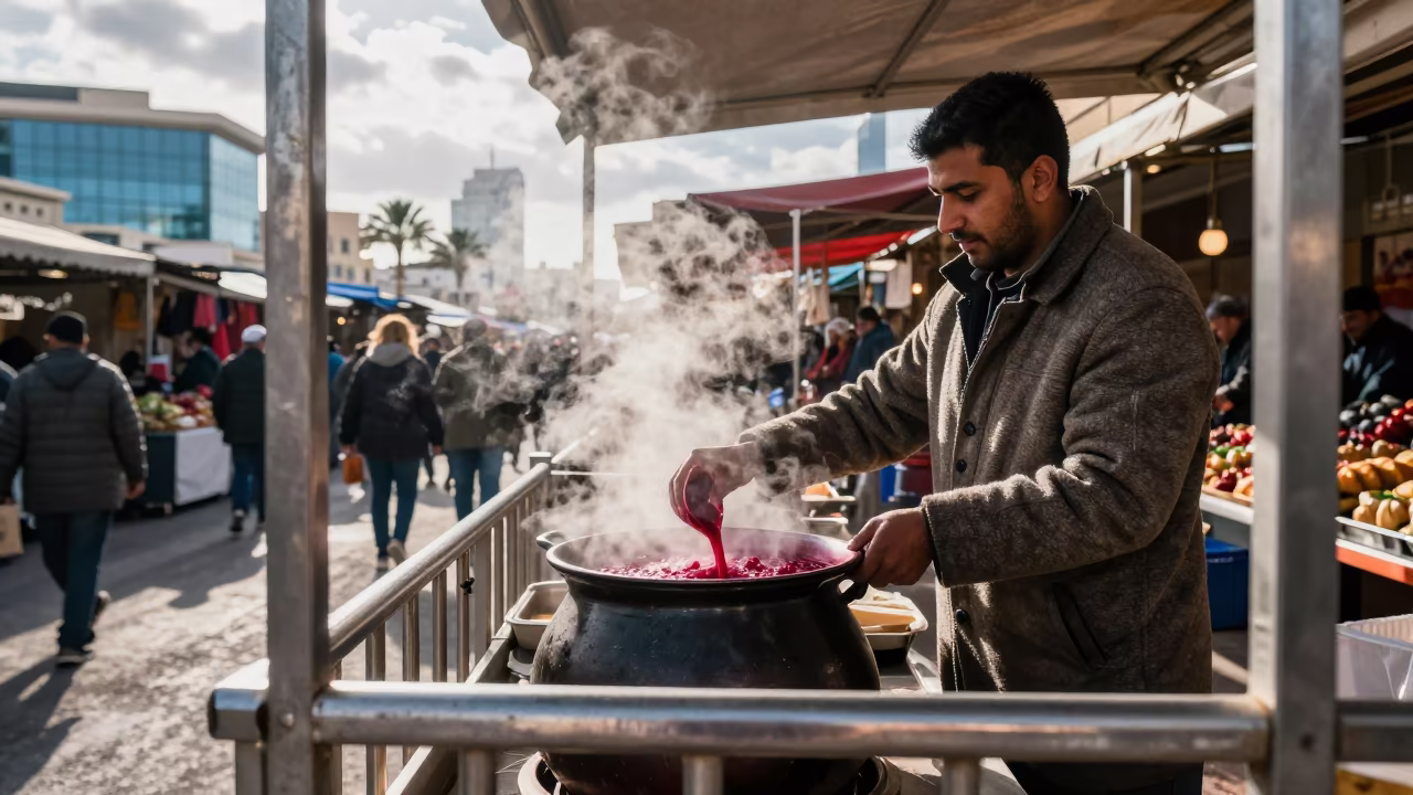 Vendor Ladling Borscht at Marina Dubai Winter Market in in a flea market lane in Marina, Dubai