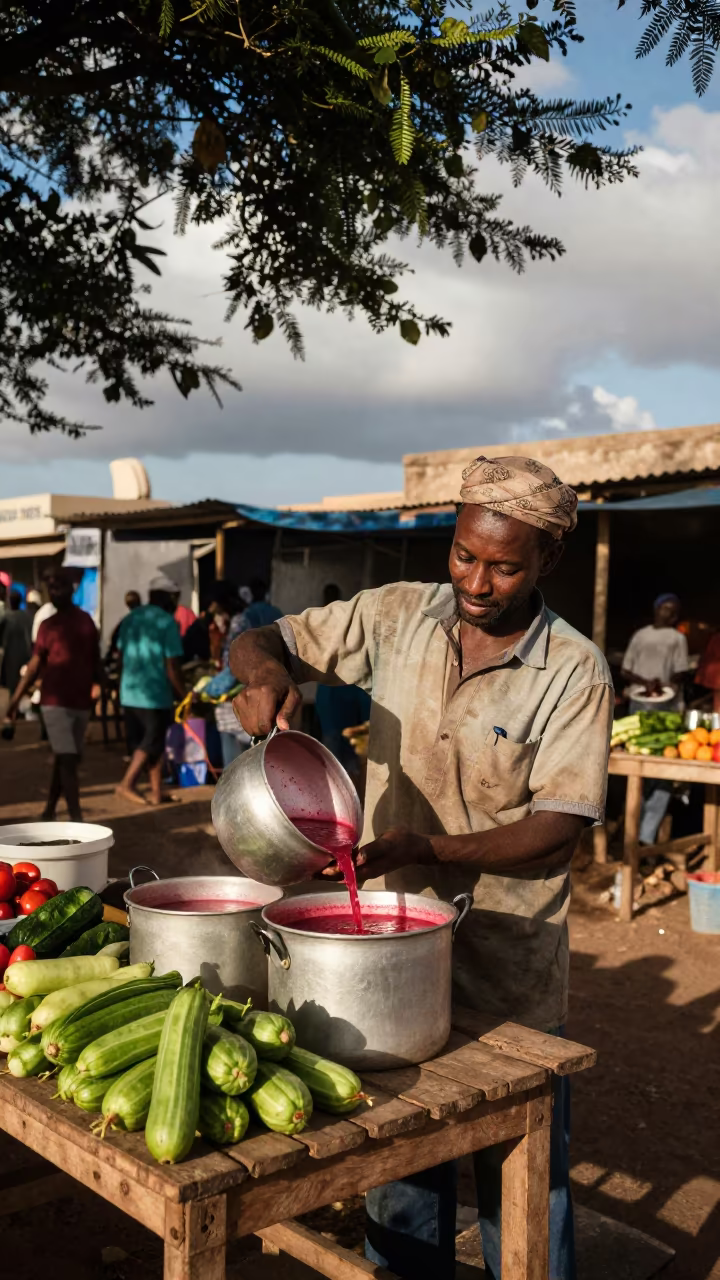 Vendor Ladling Borscht at Market Stall in at a market stall in Nouadhibou