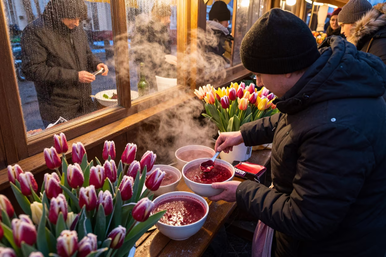 Vendor Ladling Borscht at Olomouc Flower Auction in at a flower auction bench in Olomouc
