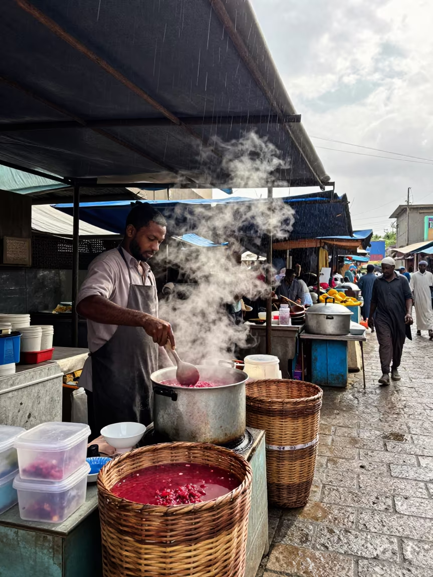 Vendor Ladling Borscht Under Mogadishu Market Canopy in under a market canopy in Mogadishu