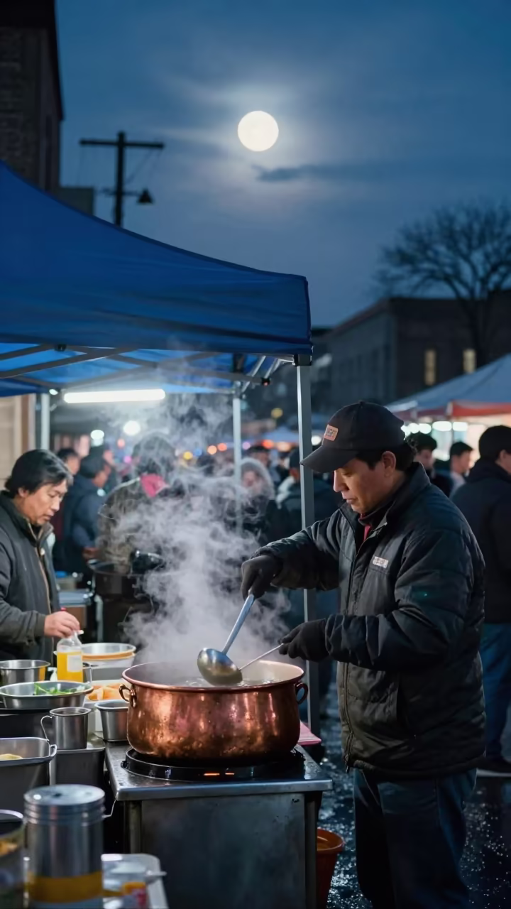 Vendor Ladling Pho Broth Under Winter Moonlight in under a market canopy in North Loop, Austin