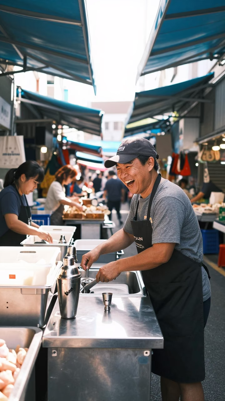 Vendor Laughing in Busan in in Busan, South Korea