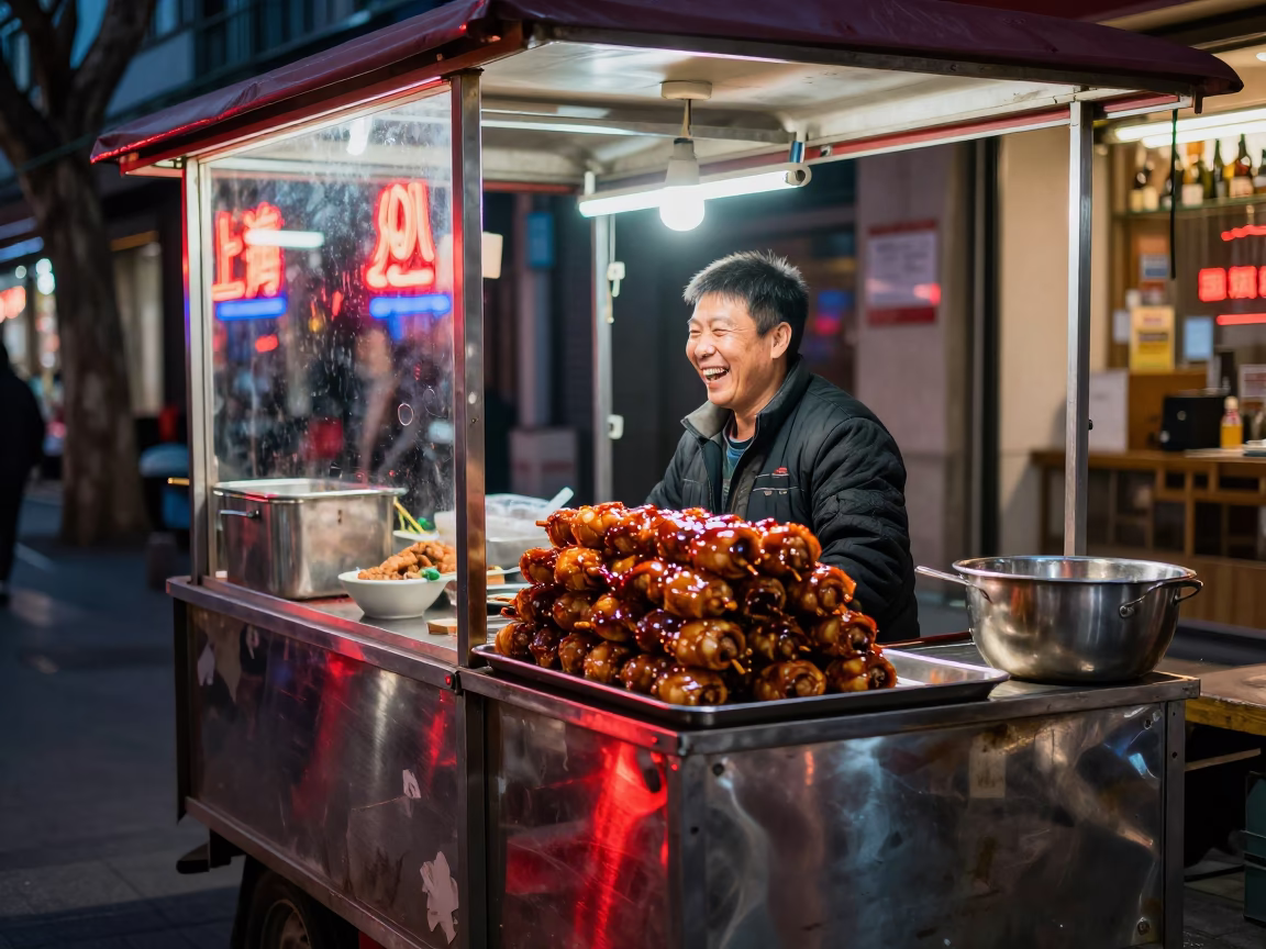 Vendor Laughing in Shanghai in in Shanghai, China