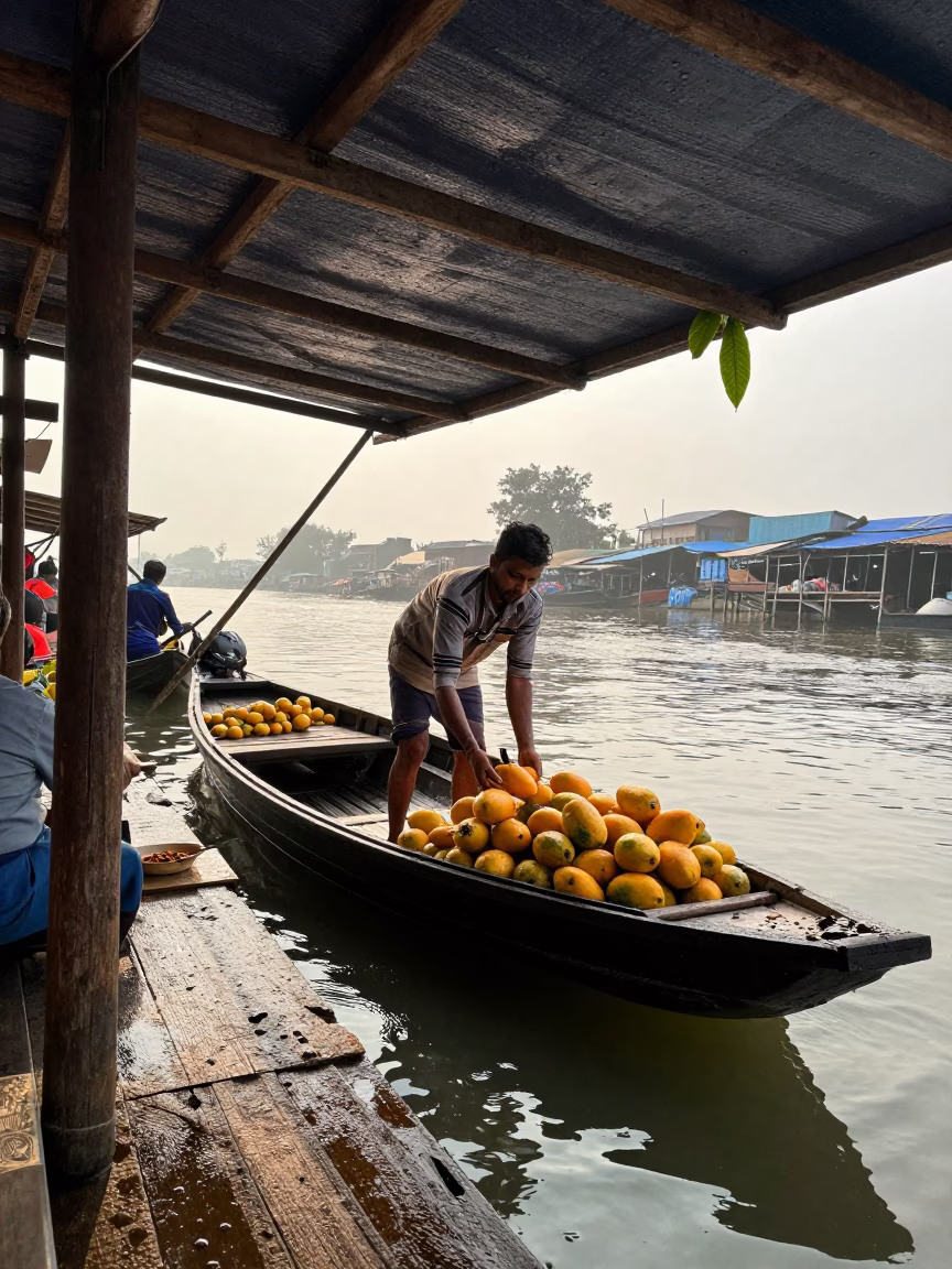 Vendor Passing Mangoes in Saharsa Canopy in under a market canopy in Saharsa