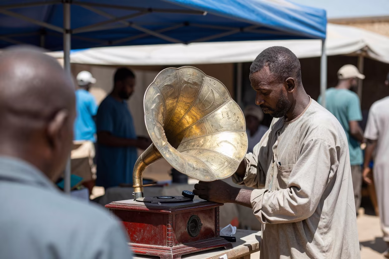 Vendor Polishes Gramophone Under Noon Market Canopy in under a market canopy in Atbarah