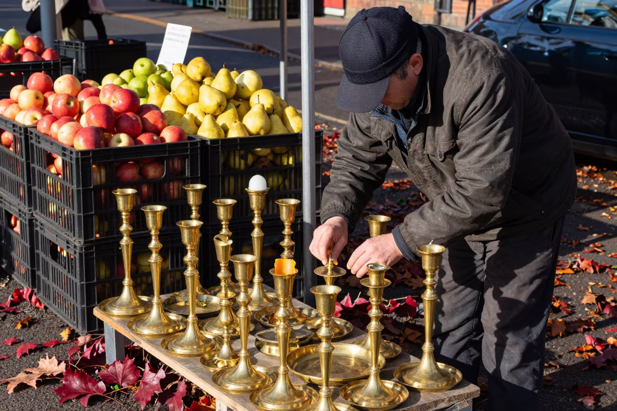 Vendor Polishing Brass Candlesticks at Autumn Fruit Stand in at a roadside fruit stand in Leeds