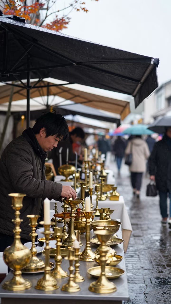 Vendor Polishing Brass Candlesticks Autumn Market Okayama in under a market canopy in Okayama