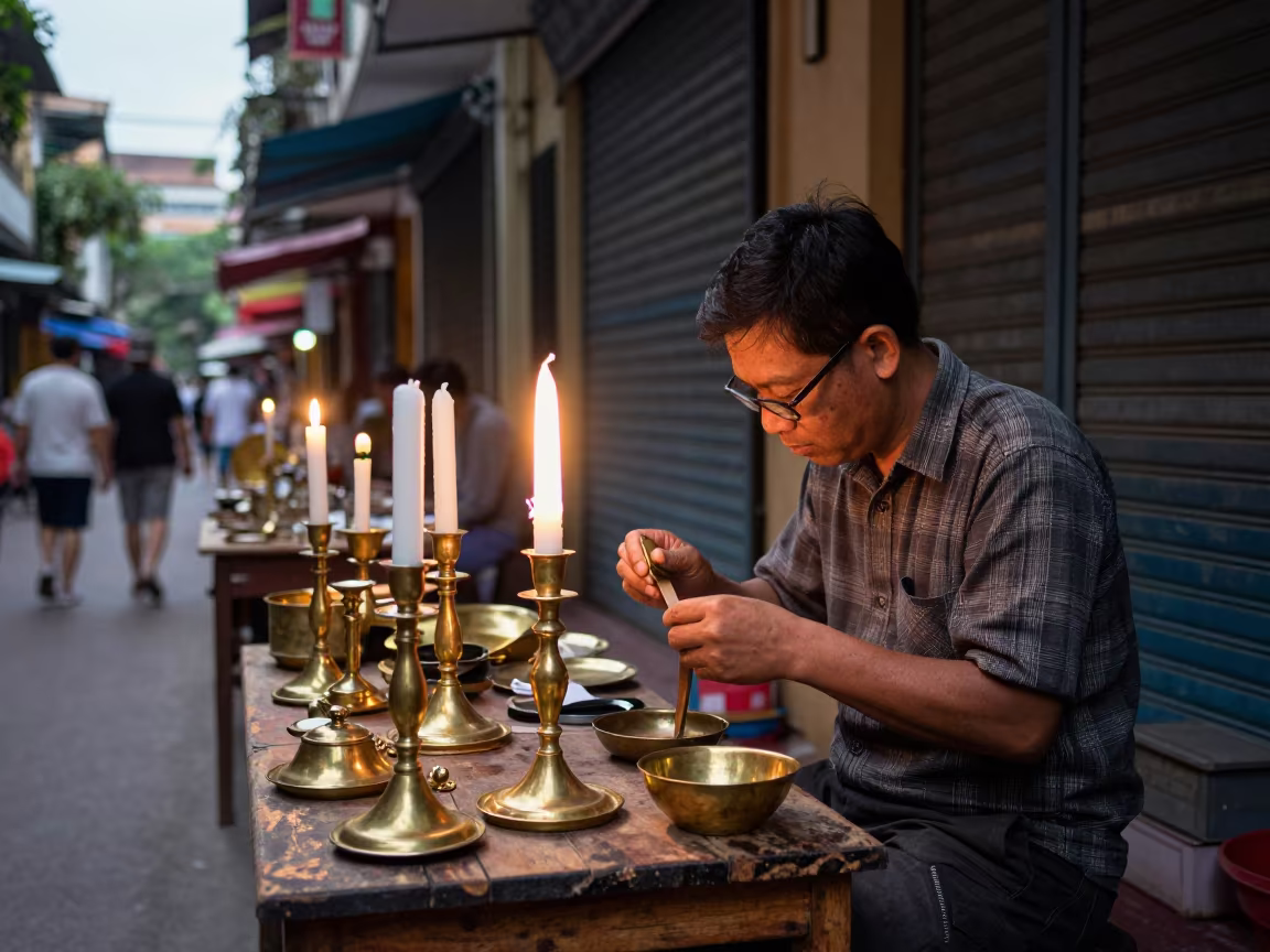 Vendor Polishing Brass Candlesticks at Hanoi Flea Market in in a flea market lane in French Quarter, Hanoi