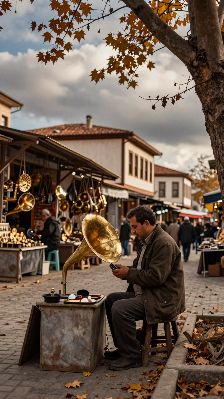 Vendor Polishing Vintage Gramophone in Gölcük Market in in a flea market lane in Gölcük