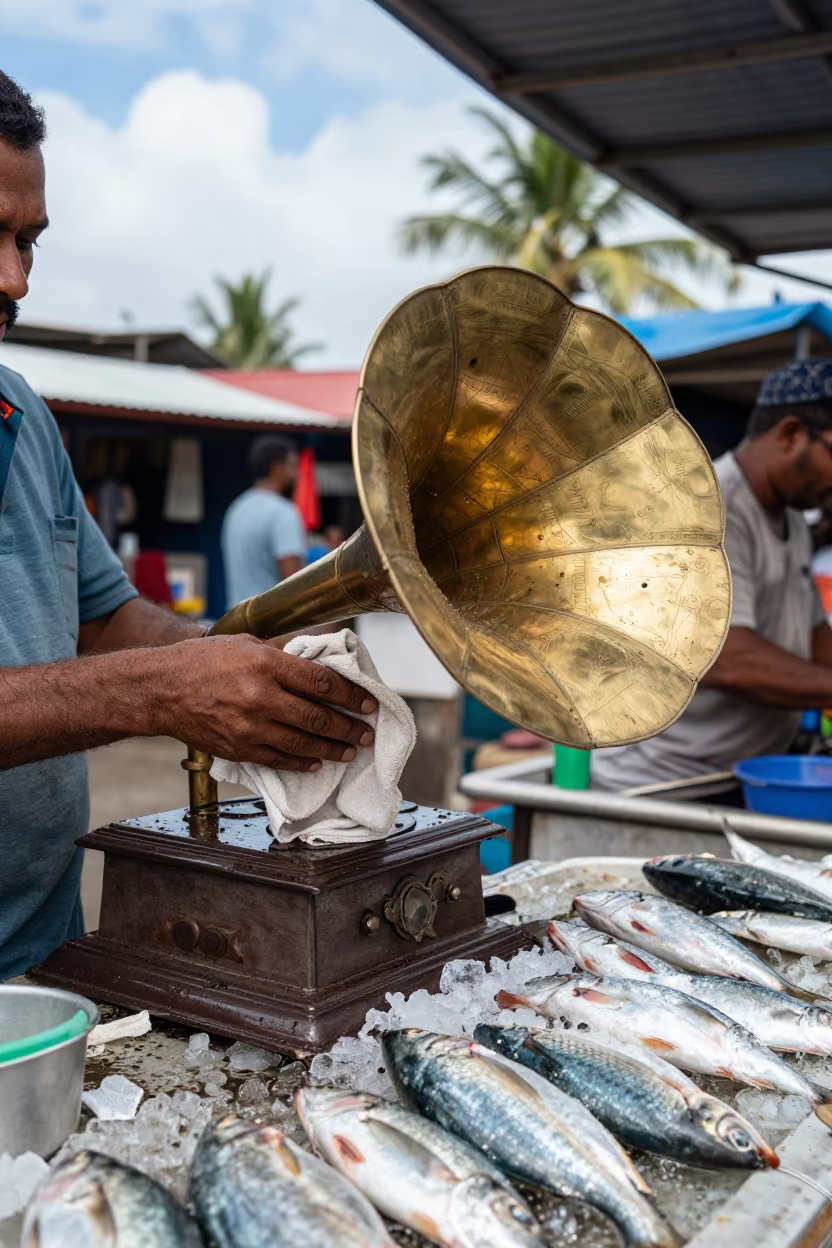 Vendor Polishing Vintage Gramophone Horn in beside a fish counter in Moshi