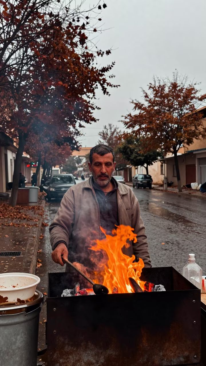 Vendor Portrait Under Autumn Grill Glow in in Blida