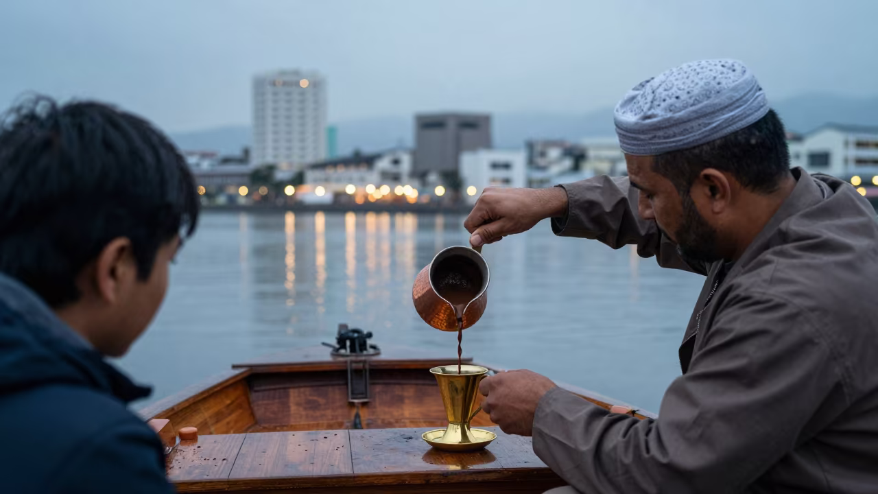Vendor Pouring Coffee on Kagoshima Drizzle Boat in at a floating market boat in Kagoshima